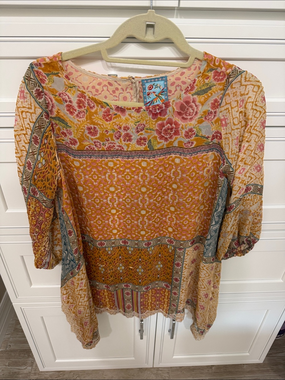 Johnny Was Bohemian Floral Patchwork Blouse - Mustard Pink
